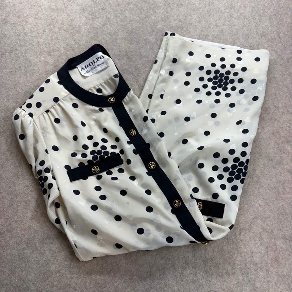 Vintage Adolfo Saks Fifth Avenue Polka Dot Button Front Dress Ivory Black Gold